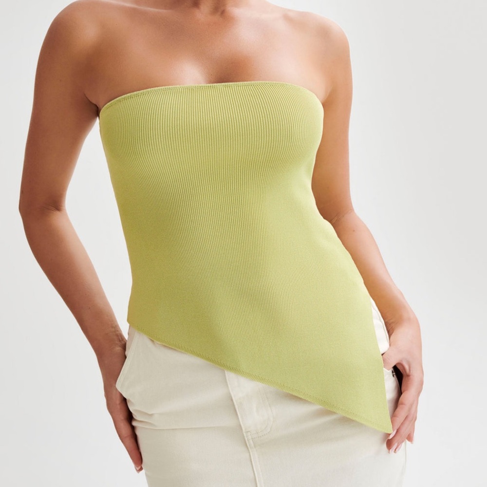 Meshki Asymmetrical strapless knit top. Color-Apple never worn. Size medium
